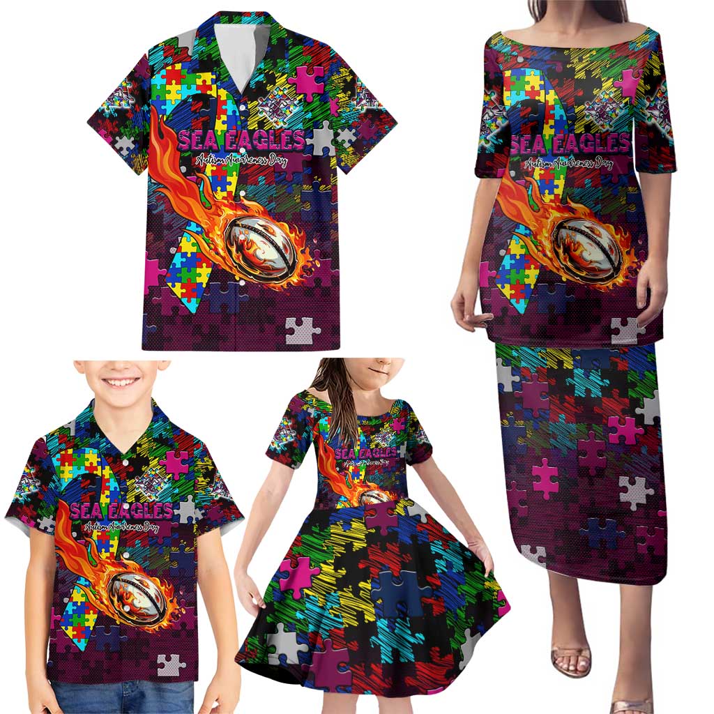 Sea Eagles Autism Awareness Family Matching Puletasi and Hawaiian Shirt Puzzle Flames Rugby Ball