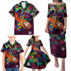 Sea Eagles Autism Awareness Family Matching Puletasi and Hawaiian Shirt Puzzle Flames Rugby Ball