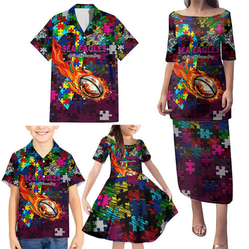 Sea Eagles Autism Awareness Family Matching Puletasi and Hawaiian Shirt Puzzle Flames Rugby Ball