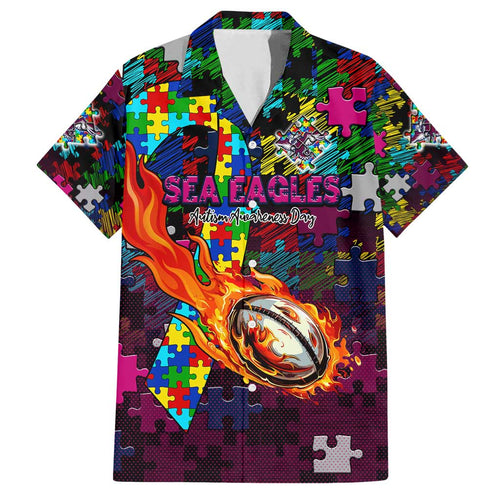 Sea Eagles Autism Awareness Family Matching Puletasi and Hawaiian Shirt Puzzle Flames Rugby Ball