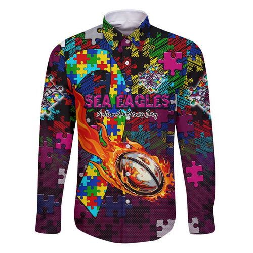 Sea Eagles Autism Awareness Family Matching Puletasi and Hawaiian Shirt Puzzle Flames Rugby Ball