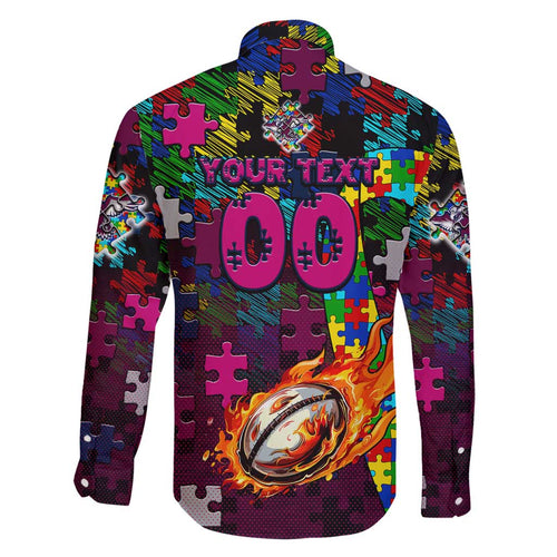 Sea Eagles Autism Awareness Family Matching Puletasi and Hawaiian Shirt Puzzle Flames Rugby Ball