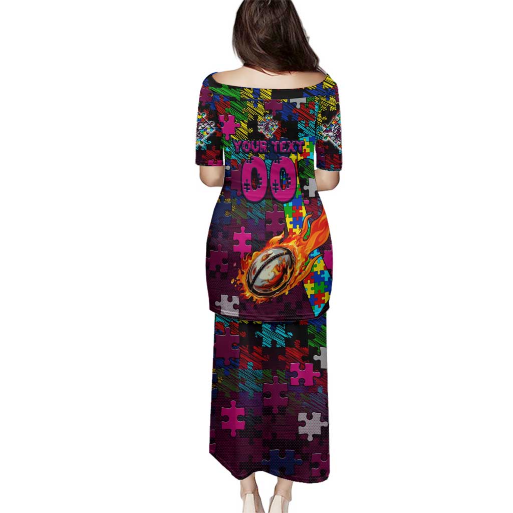 Sea Eagles Autism Awareness Family Matching Puletasi and Hawaiian Shirt Puzzle Flames Rugby Ball