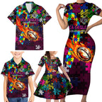 Sea Eagles Autism Awareness Family Matching Short Sleeve Bodycon Dress and Hawaiian Shirt Puzzle Flames Rugby Ball