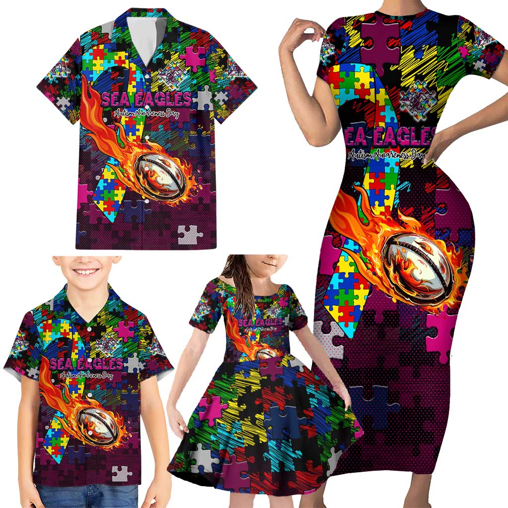 Sea Eagles Autism Awareness Family Matching Short Sleeve Bodycon Dress and Hawaiian Shirt Puzzle Flames Rugby Ball
