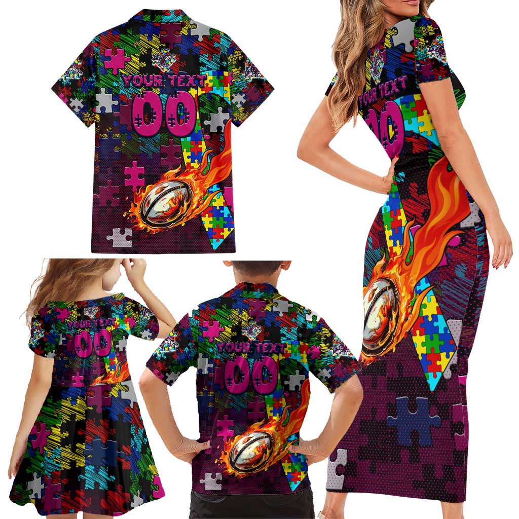 Sea Eagles Autism Awareness Family Matching Short Sleeve Bodycon Dress and Hawaiian Shirt Puzzle Flames Rugby Ball