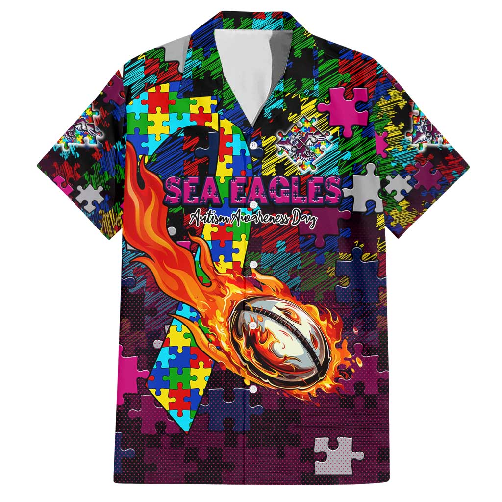 Sea Eagles Autism Awareness Family Matching Short Sleeve Bodycon Dress and Hawaiian Shirt Puzzle Flames Rugby Ball
