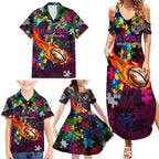 Sea Eagles Autism Awareness Family Matching Summer Maxi Dress and Hawaiian Shirt Puzzle Flames Rugby Ball