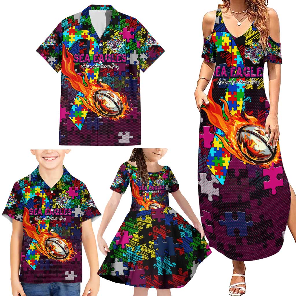 Sea Eagles Autism Awareness Family Matching Summer Maxi Dress and Hawaiian Shirt Puzzle Flames Rugby Ball