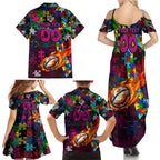 Sea Eagles Autism Awareness Family Matching Summer Maxi Dress and Hawaiian Shirt Puzzle Flames Rugby Ball