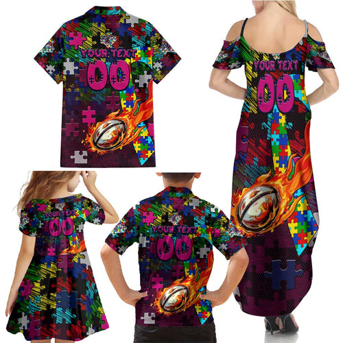 Sea Eagles Autism Awareness Family Matching Summer Maxi Dress and Hawaiian Shirt Puzzle Flames Rugby Ball