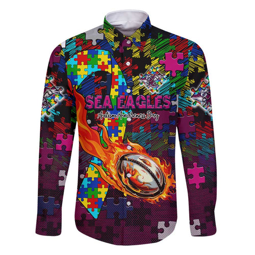 Sea Eagles Autism Awareness Family Matching Summer Maxi Dress and Hawaiian Shirt Puzzle Flames Rugby Ball