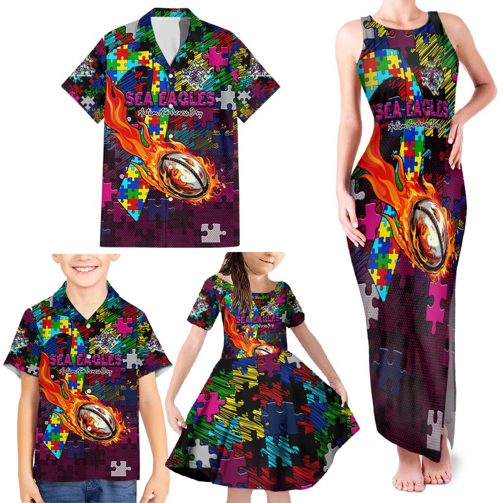 Sea Eagles Autism Awareness Family Matching Tank Maxi Dress and Hawaiian Shirt Puzzle Flames Rugby Ball