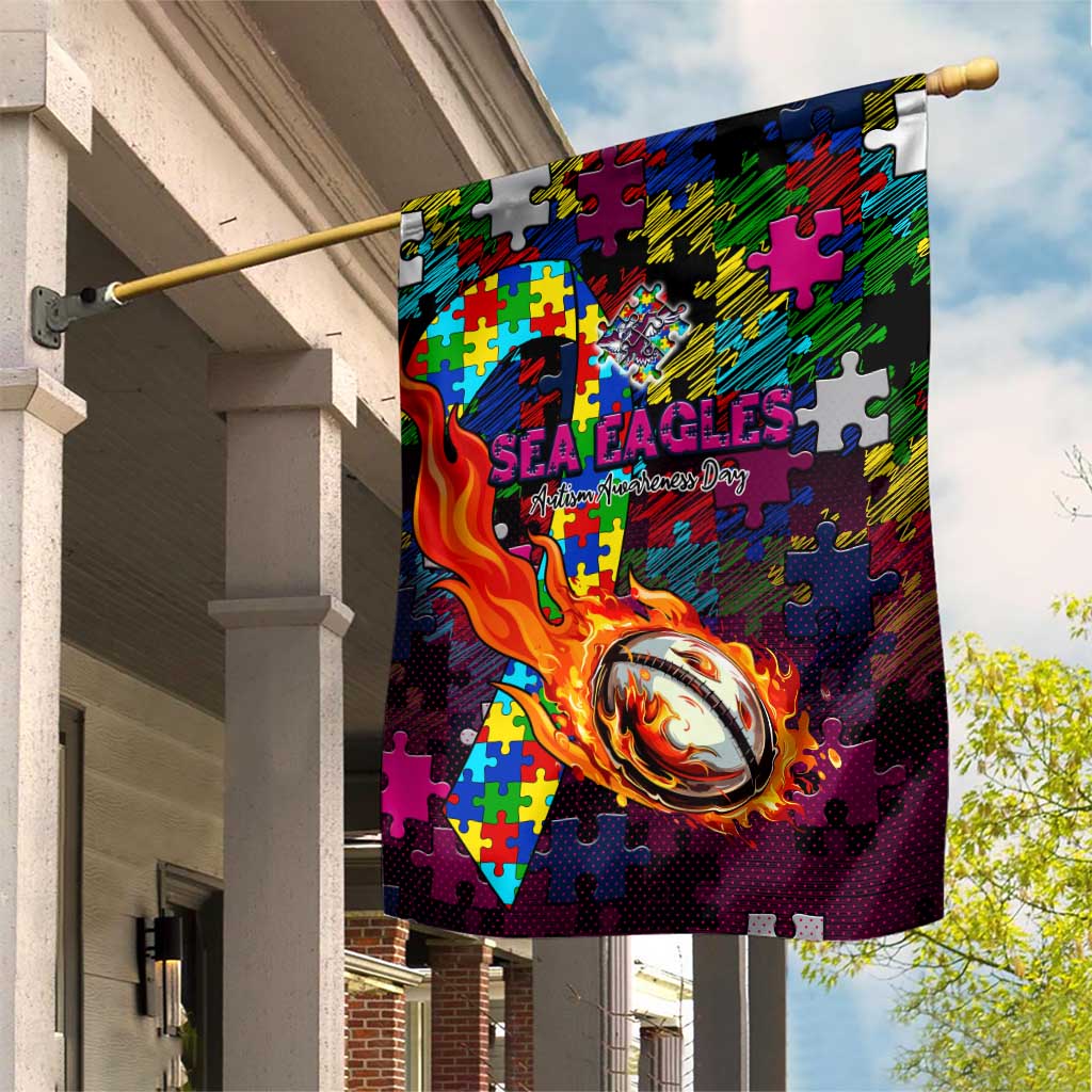 Sea Eagles Autism Awareness Garden Flag Puzzle Flames Rugby Ball