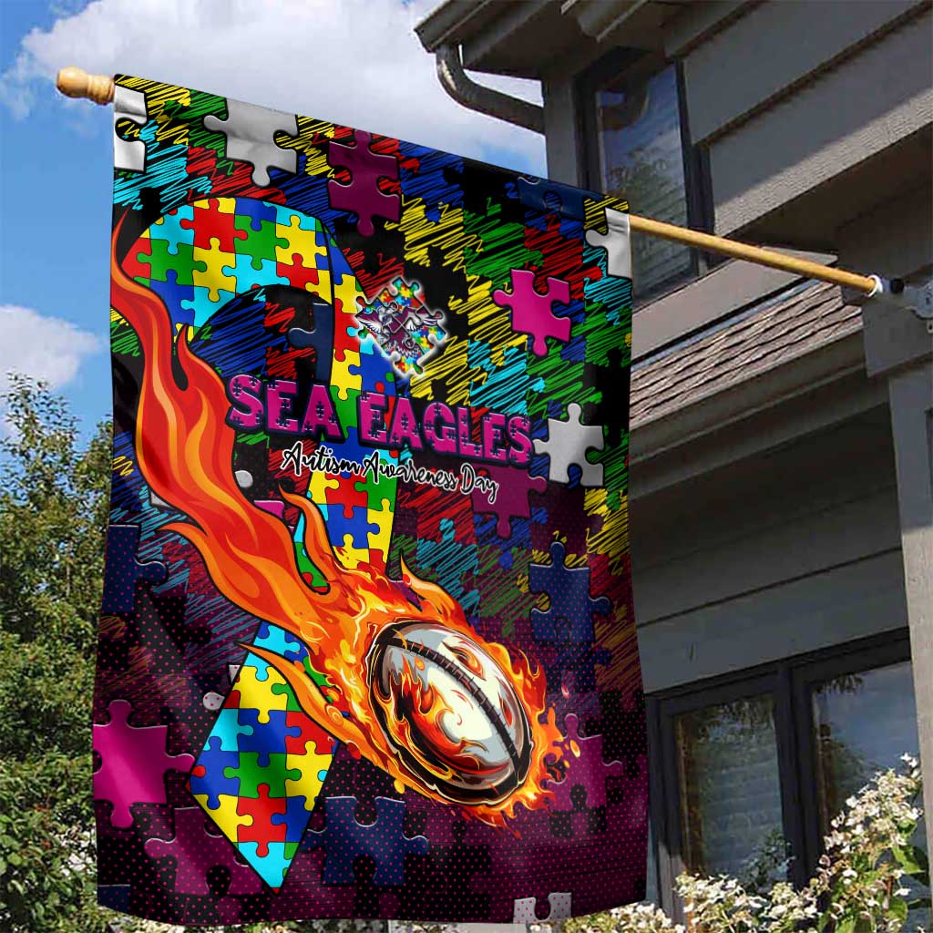 Sea Eagles Autism Awareness Garden Flag Puzzle Flames Rugby Ball