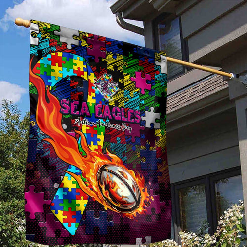 Sea Eagles Autism Awareness Garden Flag Puzzle Flames Rugby Ball