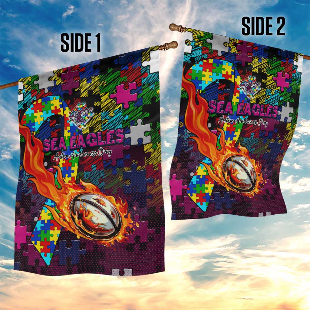 Sea Eagles Autism Awareness Garden Flag Puzzle Flames Rugby Ball