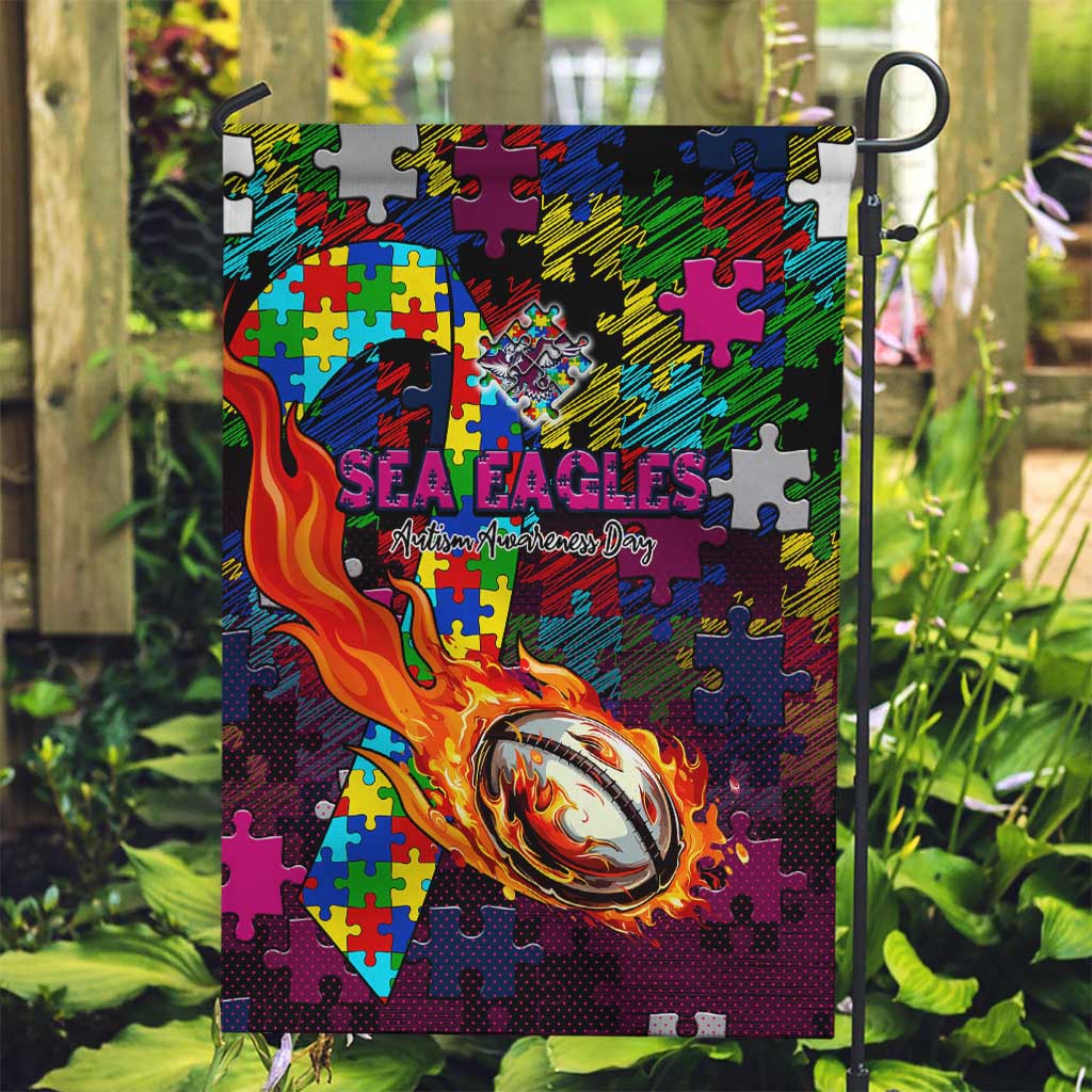 Sea Eagles Autism Awareness Garden Flag Puzzle Flames Rugby Ball