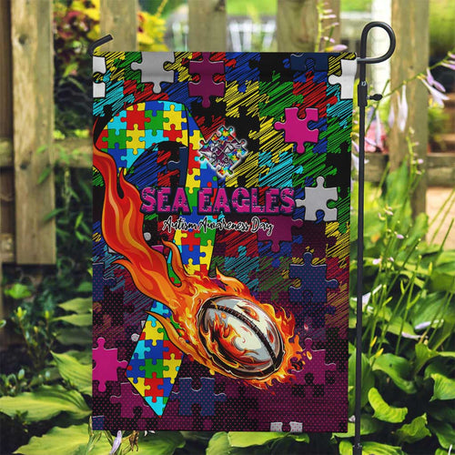Sea Eagles Autism Awareness Garden Flag Puzzle Flames Rugby Ball
