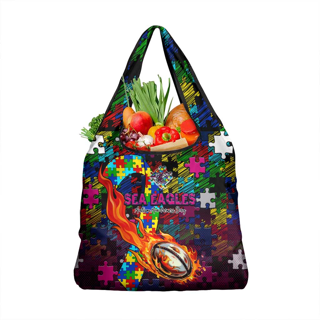 Sea Eagles Autism Awareness Grocery Bag Puzzle Flames Rugby Ball