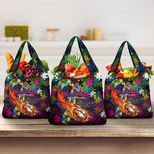 Sea Eagles Autism Awareness Grocery Bag Puzzle Flames Rugby Ball