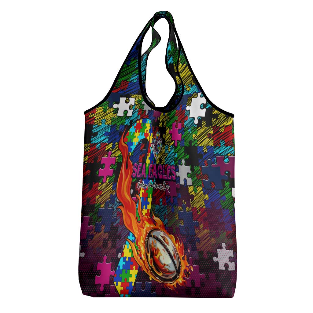Sea Eagles Autism Awareness Grocery Bag Puzzle Flames Rugby Ball