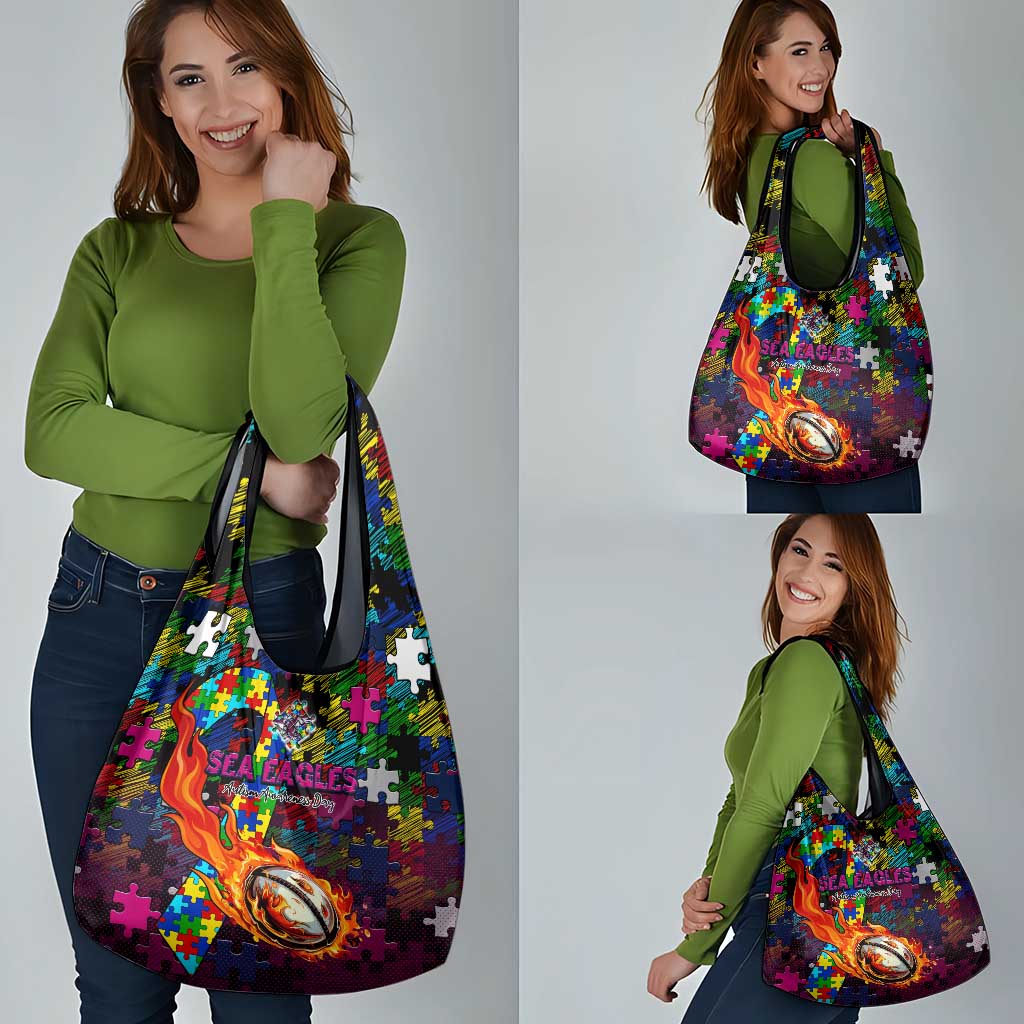 Sea Eagles Autism Awareness Grocery Bag Puzzle Flames Rugby Ball