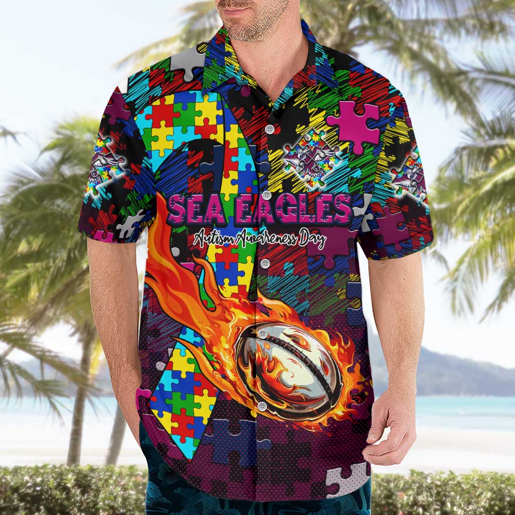 Sea Eagles Autism Awareness Hawaiian Shirt Puzzle Flames Rugby Ball