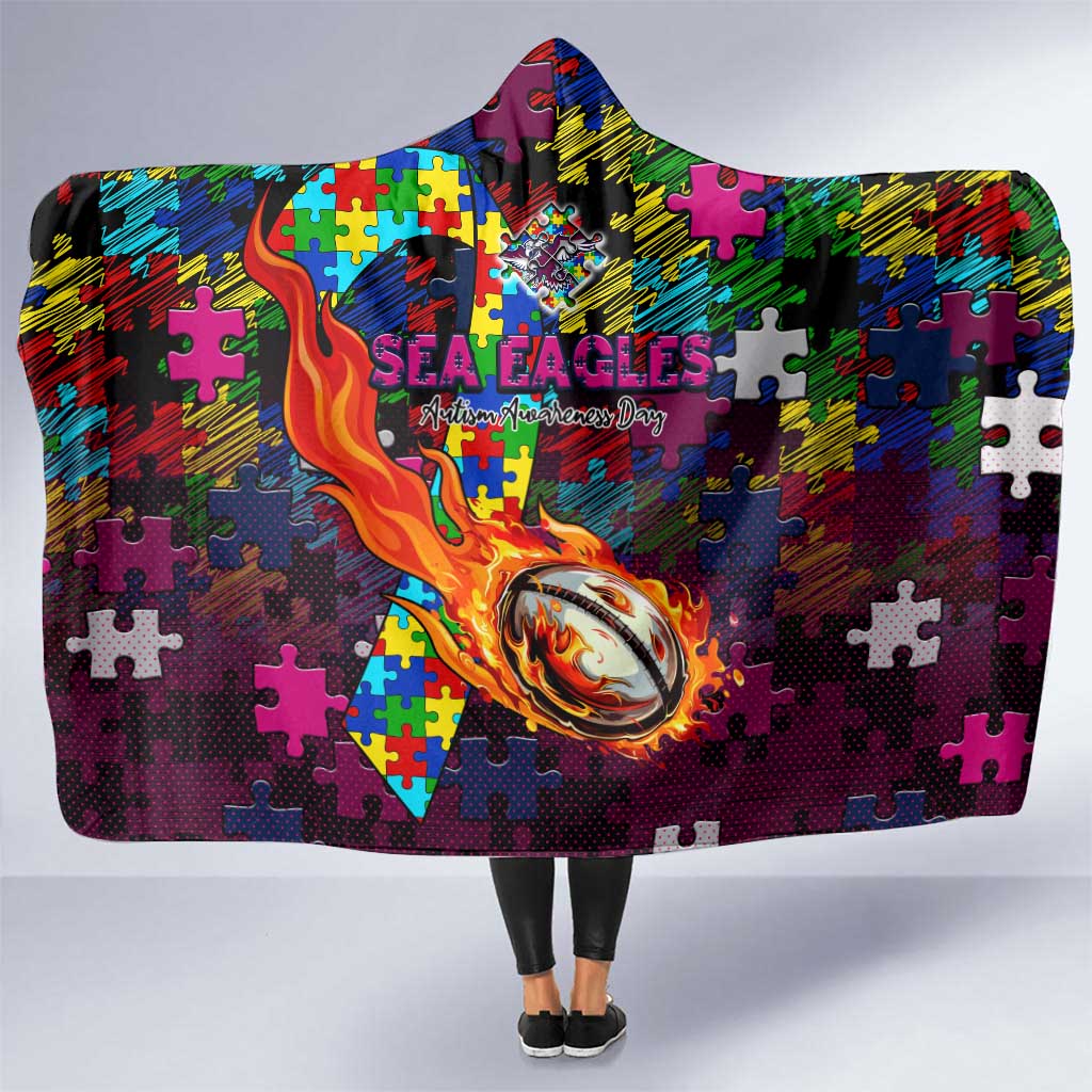 Sea Eagles Autism Awareness Hooded Blanket Puzzle Flames Rugby Ball