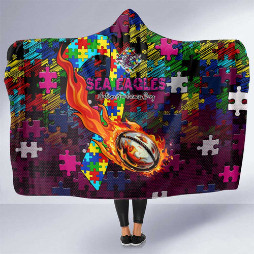 Sea Eagles Autism Awareness Hooded Blanket Puzzle Flames Rugby Ball