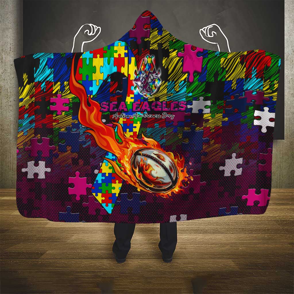 Sea Eagles Autism Awareness Hooded Blanket Puzzle Flames Rugby Ball