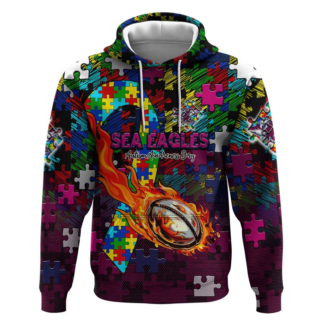 Sea Eagles Autism Awareness Hoodie Puzzle Flames Rugby Ball
