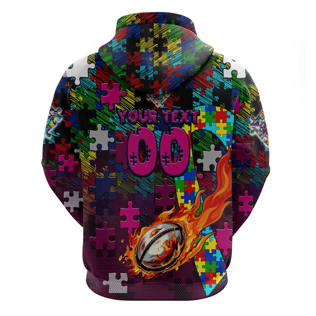 Sea Eagles Autism Awareness Hoodie Puzzle Flames Rugby Ball