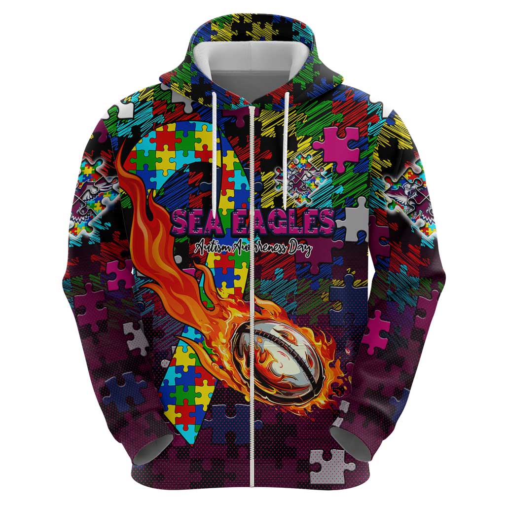 Sea Eagles Autism Awareness Hoodie Puzzle Flames Rugby Ball