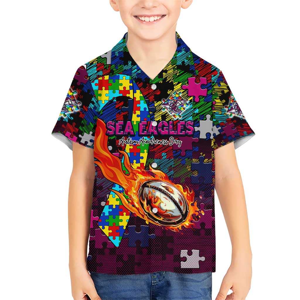 Sea Eagles Autism Awareness Kid Hawaiian Shirt Puzzle Flames Rugby Ball