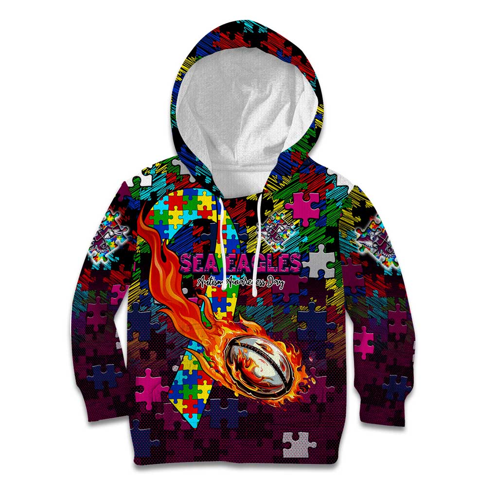 Sea Eagles Autism Awareness Kid Hoodie Puzzle Flames Rugby Ball