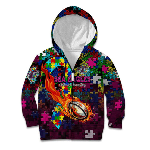 Sea Eagles Autism Awareness Kid Hoodie Puzzle Flames Rugby Ball