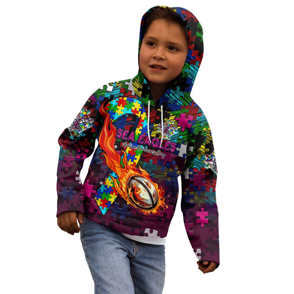 Sea Eagles Autism Awareness Kid Hoodie Puzzle Flames Rugby Ball