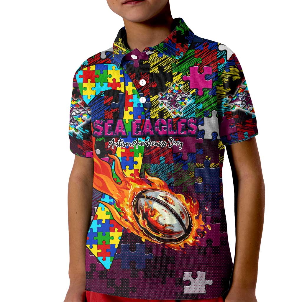 Sea Eagles Autism Awareness Kid Polo Shirt Puzzle Flames Rugby Ball