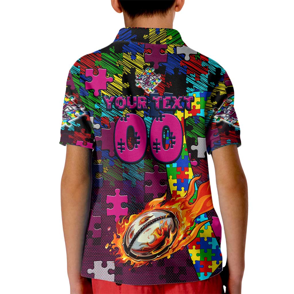 Sea Eagles Autism Awareness Kid Polo Shirt Puzzle Flames Rugby Ball