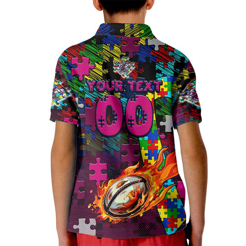 Sea Eagles Autism Awareness Kid Polo Shirt Puzzle Flames Rugby Ball