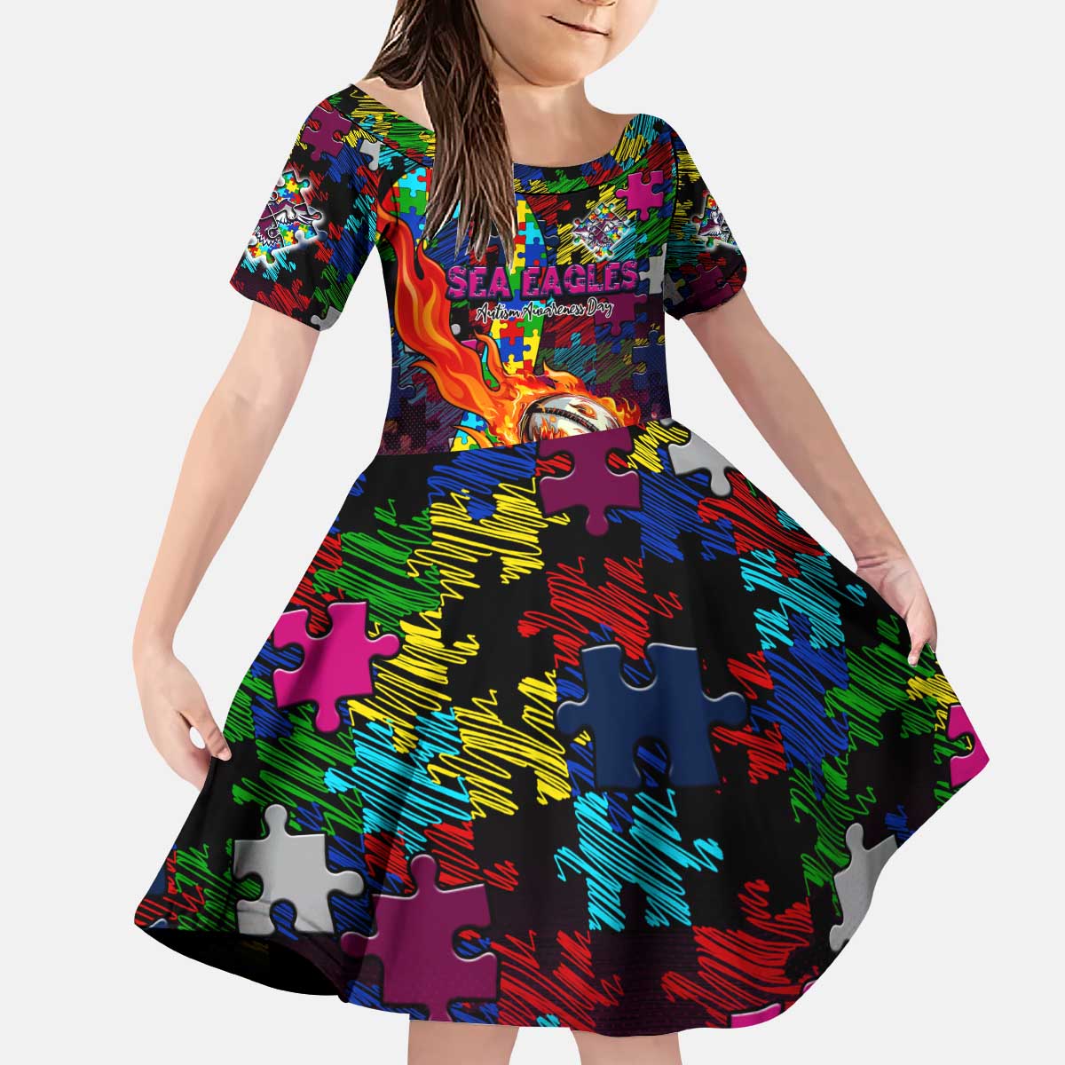 Sea Eagles Autism Awareness Kid Short Sleeve Dress Puzzle Flames Rugby Ball