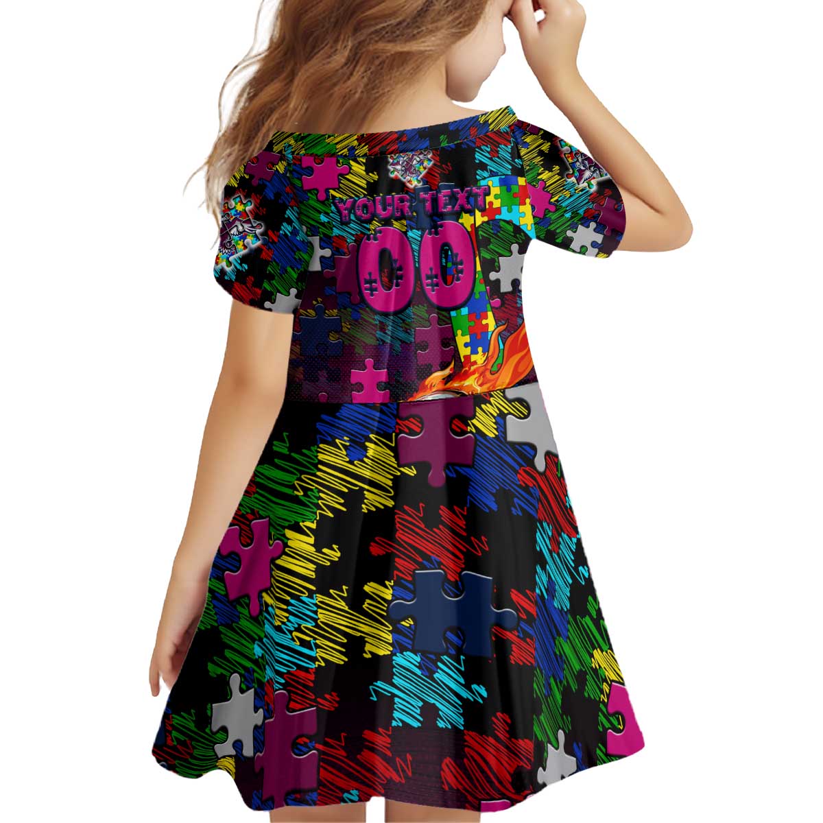 Sea Eagles Autism Awareness Kid Short Sleeve Dress Puzzle Flames Rugby Ball