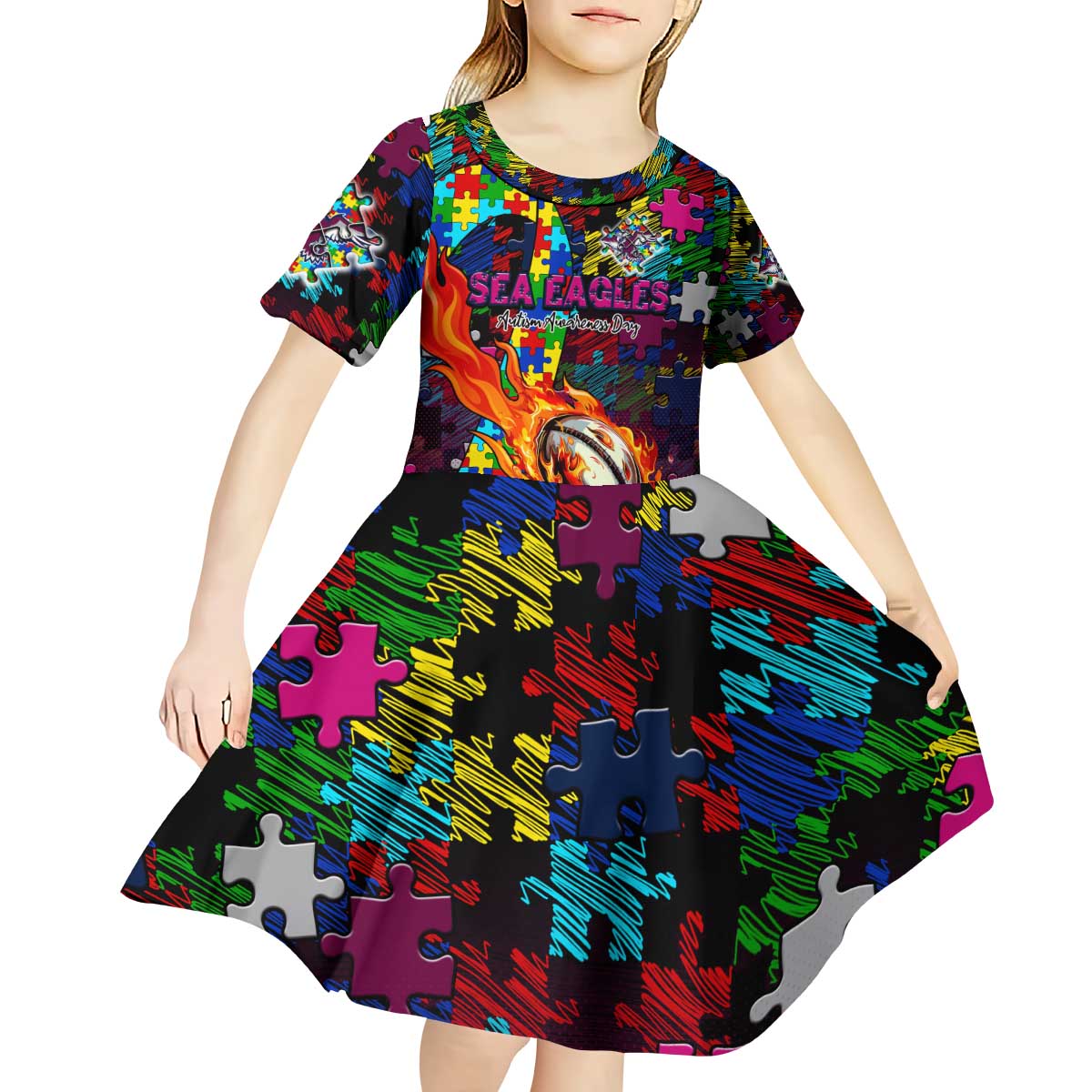 Sea Eagles Autism Awareness Kid Short Sleeve Dress Puzzle Flames Rugby Ball
