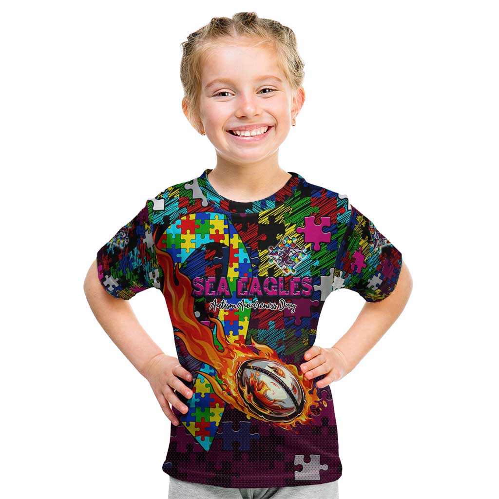 Sea Eagles Autism Awareness Kid T Shirt Puzzle Flames Rugby Ball