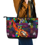 Sea Eagles Autism Awareness Leather Tote Bag Puzzle Flames Rugby Ball