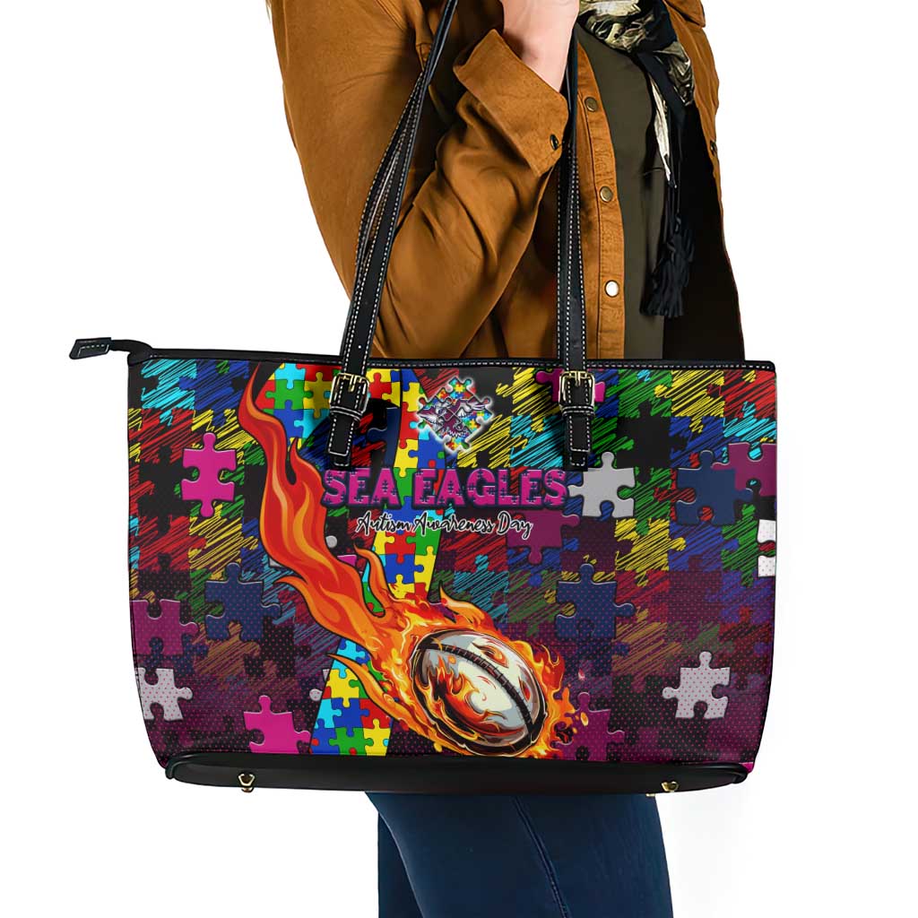 Sea Eagles Autism Awareness Leather Tote Bag Puzzle Flames Rugby Ball