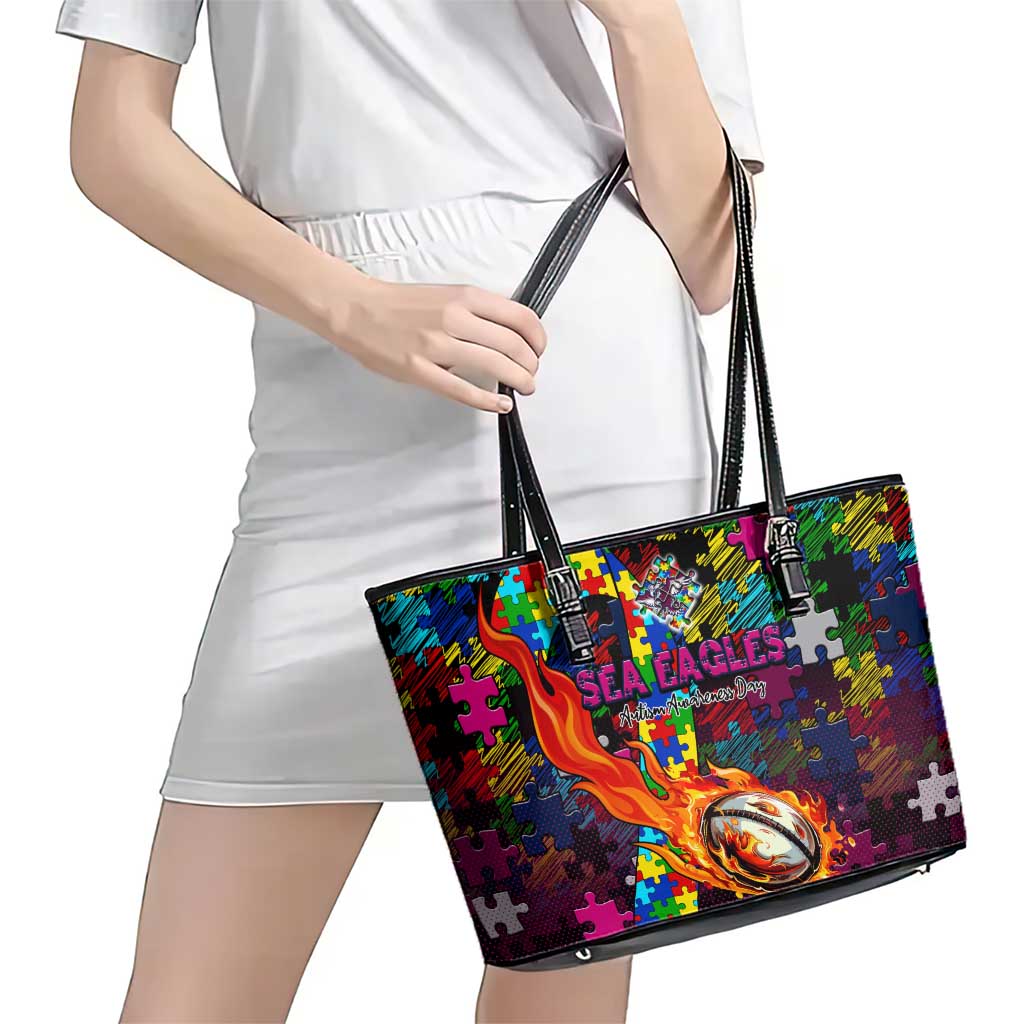 Sea Eagles Autism Awareness Leather Tote Bag Puzzle Flames Rugby Ball