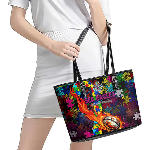 Sea Eagles Autism Awareness Leather Tote Bag Puzzle Flames Rugby Ball
