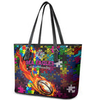 Sea Eagles Autism Awareness Leather Tote Bag Puzzle Flames Rugby Ball